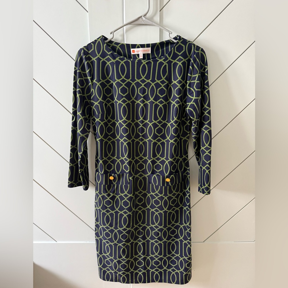 Jude Connally Sabine Shift Dress XS Green Blue trellis lattice